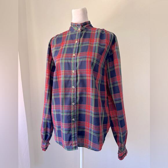 Vintage ‘80s Essentials Plaid Ruffled Half Collar Long Sleeve Button Down Blouse - Picture 2 of 6